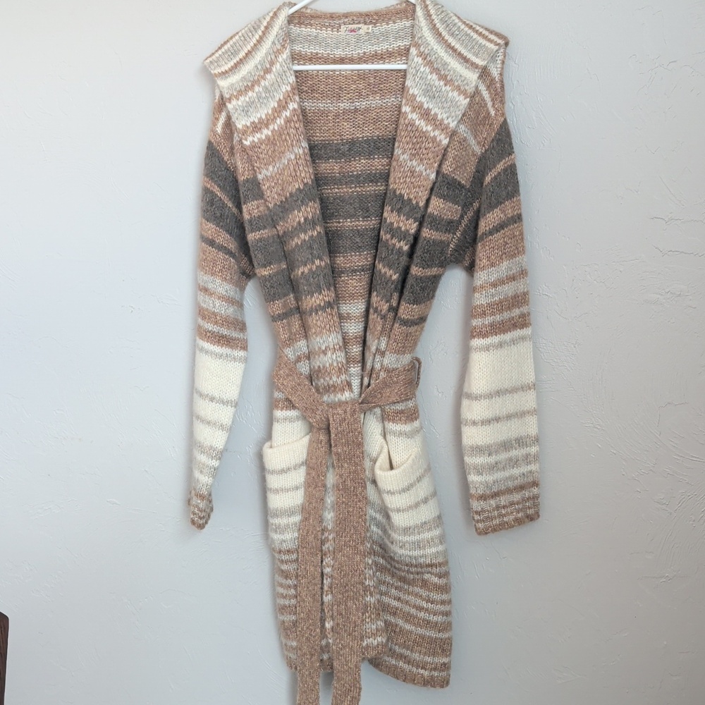Faherty Long Line Hooded Cardigan Sweater in Cream & Brown Colorway Size M - Picture 4 of 11